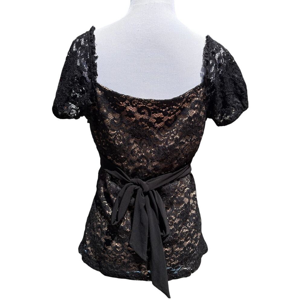 Y2K Forever Black Lace Puff Sleeve V-Neck Blouse Waist Tie - Picture 2 of 4